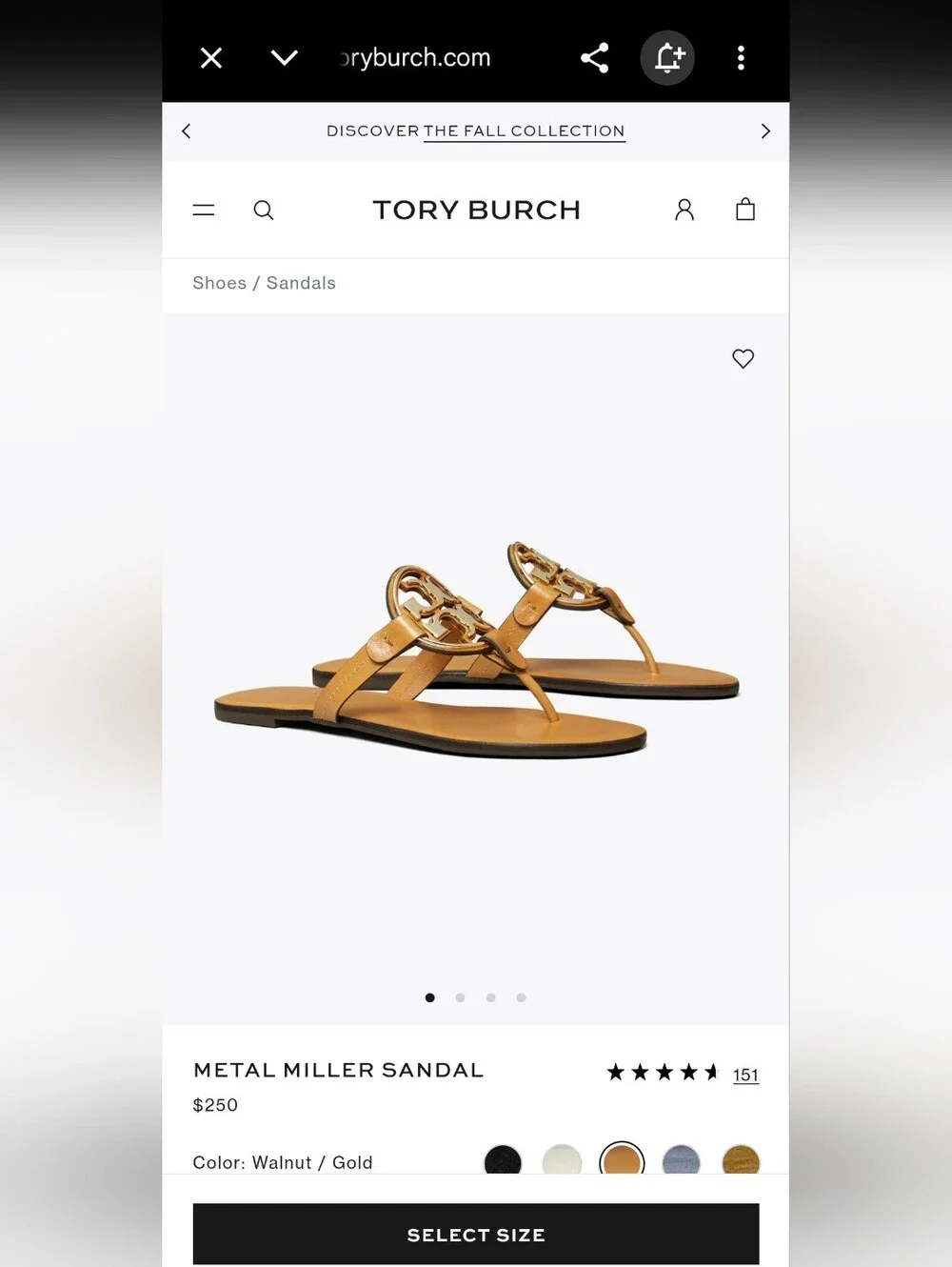Women's Tory Burch Metal Miller Sandals Size 8 Walnut/Gold